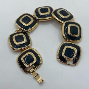 Vtg Gold Tone Black Enamel Geometric Square Panel Link Bracelet 8” / 1” Links
